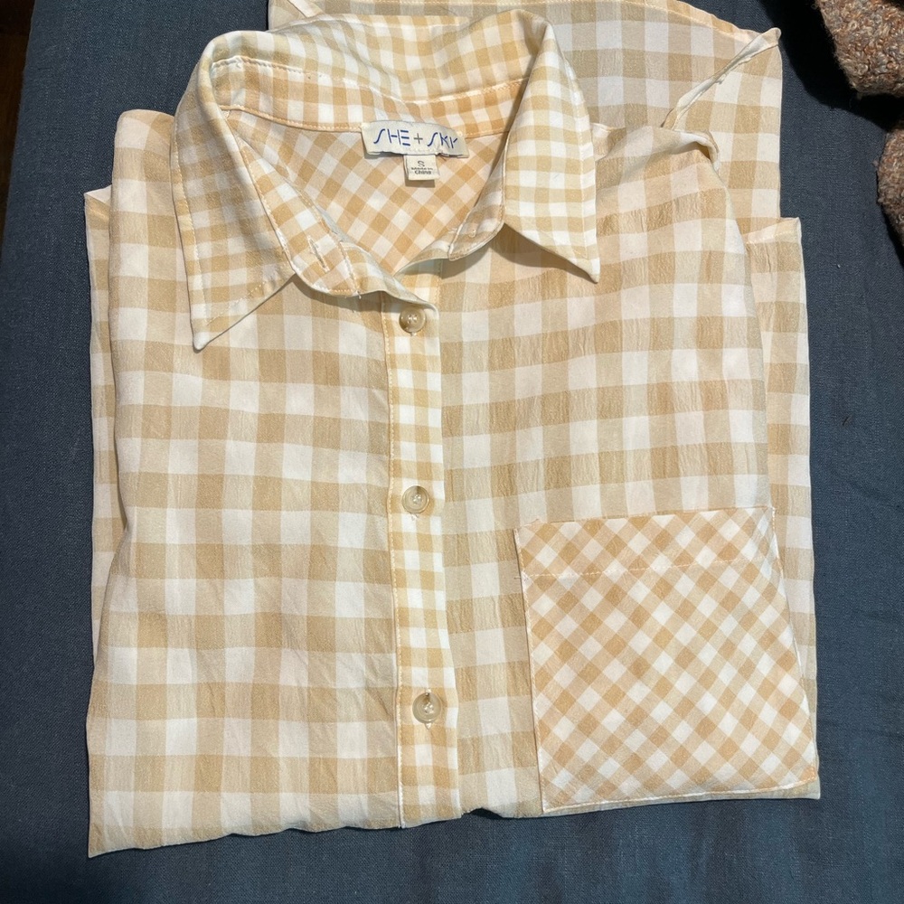 She and Sky Tan and White Checkered Button Down Shirt